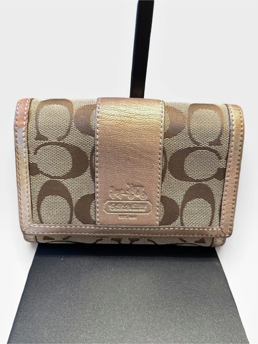 Coach Medium Corner Zip Wallet in Signature Canvas Metallic Rose Leather